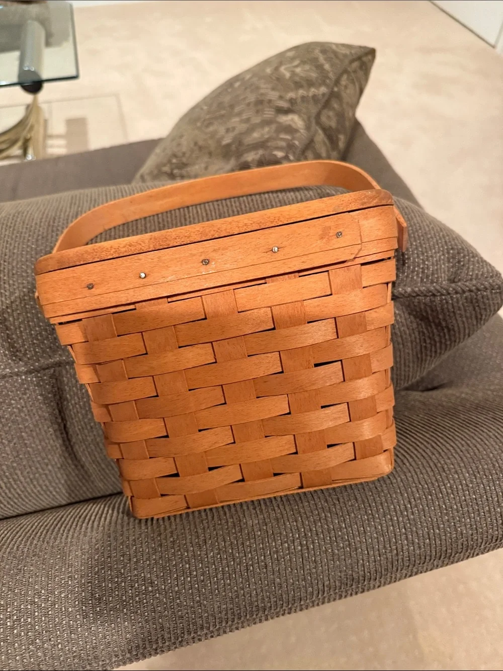 Longaberger Natural Brown Wood Handled Basket with Dresden Ohio Engraving